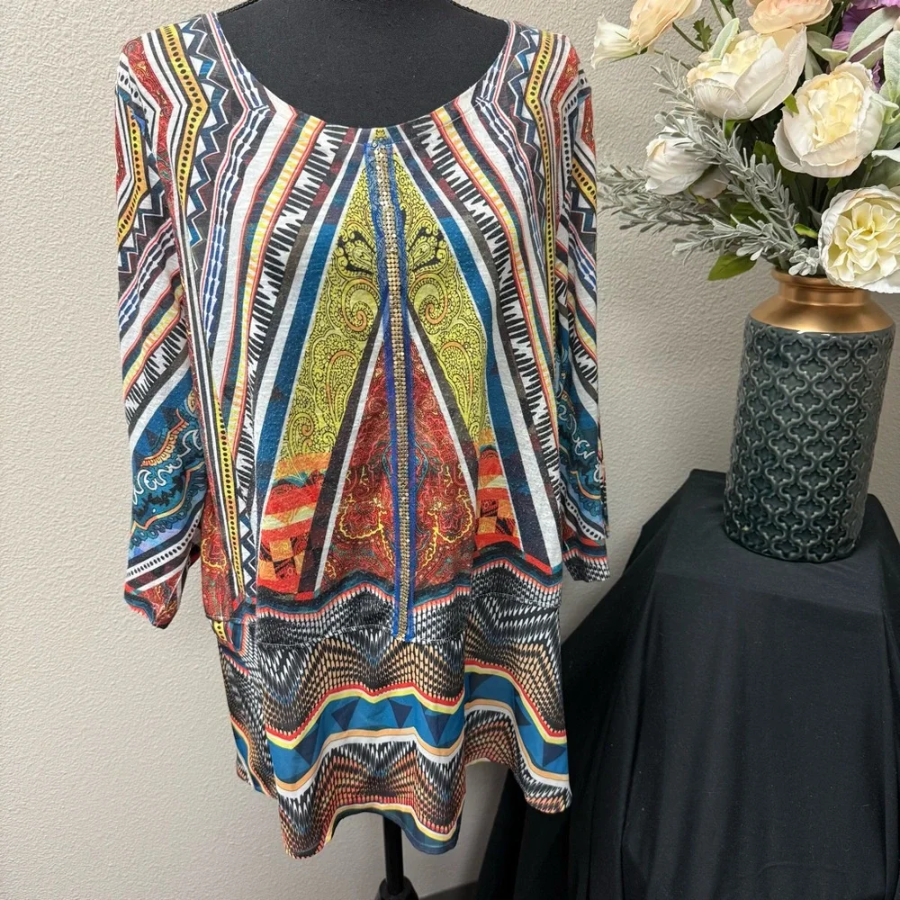 French Blue Boho Tunic Top 3X | Multicolor Aztec Print Fall Festival Blouse - Picture 1 of 8